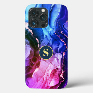 Funda Para iPhone 13 Pro Tinta líquida azul, púrpura y rojo-violeta, monogr