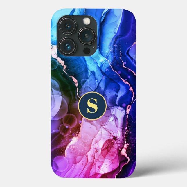 Funda De Case-Mate Para iPhone Tinta Líquida Azul, Púrpura Y Violeta Roja, Monogr (Reverso )