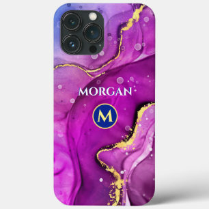 Funda Para iPhone 13 Pro Max Tinta líquida roja-violeta y dorada, monograma y n
