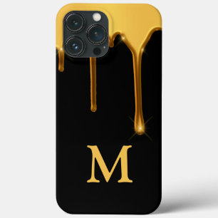 Funda Para iPhone 13 Pro Max Típografía inicial de oro negro de goteo de miel