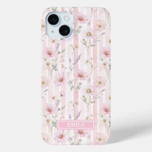 Funda Para iPhone 15 Mini Tira de flores silvestres rosadas con monograma