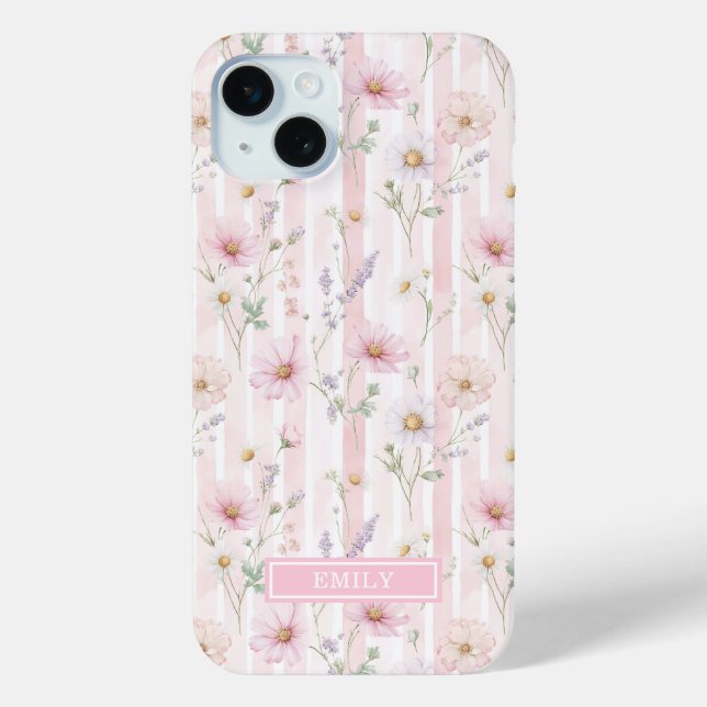 Funda De Case-Mate Para iPhone Tira de flores silvestres rosadas con monograma (Reverso )