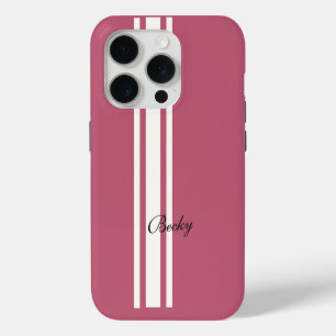 Funda Para iPhone 15 Pro Tiras de Carreras blanca rosada Nombre elegante