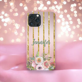 Funda Para iPhone 13 Pro Max Tiras De Oro Con Flores De Rosa