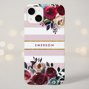 Funda Para iPhone 14 De Case-Mate Tiras florales de boho rosa y turbio Monograma