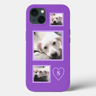 Funda Para iPhone 13 Tiras tres fotos de perro picado blanco morado