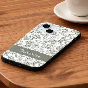 Funda Para iPhone 15 Toile Monograma Floral Verde Salvia Vintage 