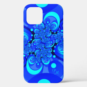Funda Para iPhone 12 Pro Tonos de azul, iniciales fractales abstractos mode