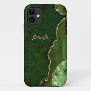 Funda Para iPhone 11 Tonos verdes modernos con cristal de ágata dorada 