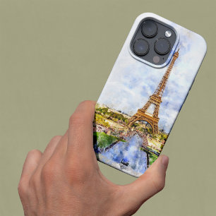 Funda Para iPhone 13 Pro Max Torre Eiffel Atardecer París Acuarela Francesa