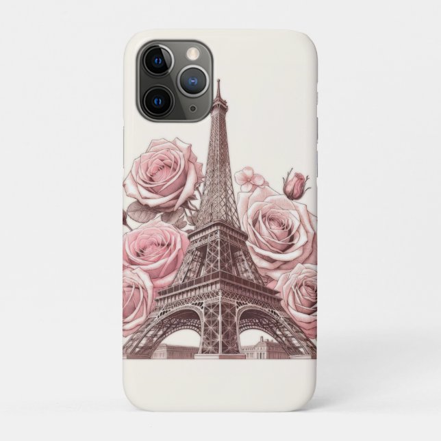 Funda De Case-Mate Para iPhone Torre Eiffel de París y rosas rosadas (Reverso)