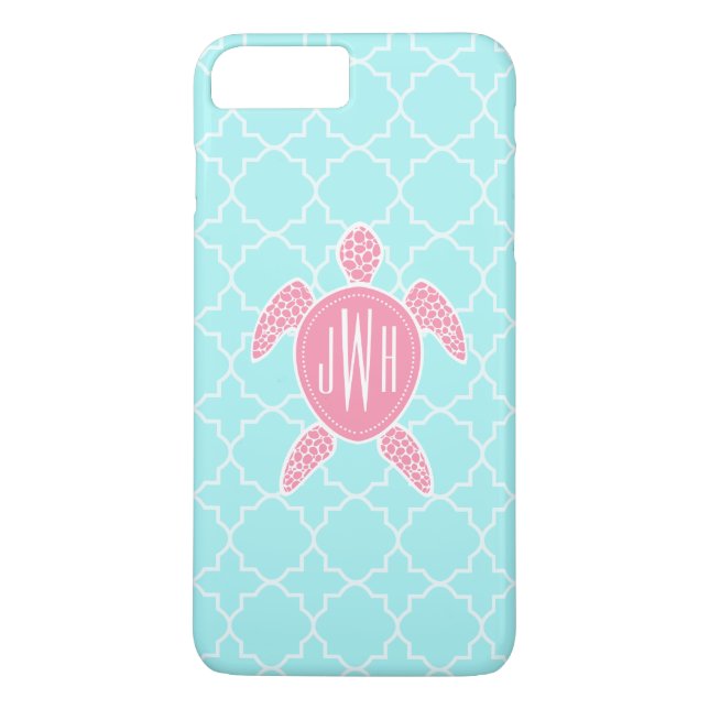 Funda De Case-Mate Para iPhone Tortuga de mar rosada con monograma + Quatrefoil (Reverso)