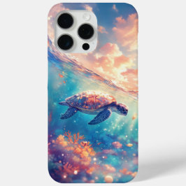 Funda Para iPhone 15 Pro Max Tortuga en medio del atardecer y arrecife de coral