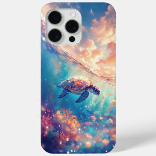Funda Para iPhone 15 Pro Max Tortuga en medio del atardecer y arrecife de coral
