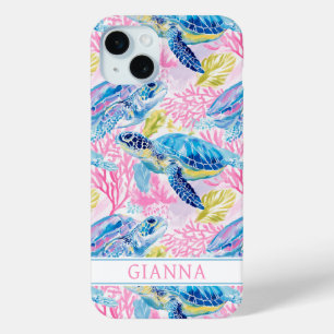 Funda Para iPhone 15 Mini Tortugas Marinas Acuarela Monogramadas