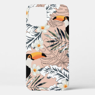 Funda Para iPhone 12 Toucanes, hojas gráficas de palma, flores plumeria