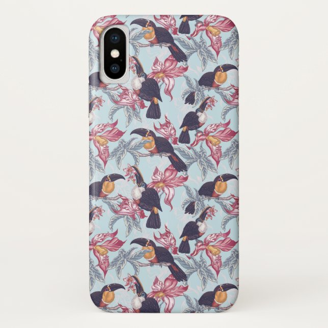 Funda De Case-Mate Para iPhone Toucanos con flores exóticas (Reverso)