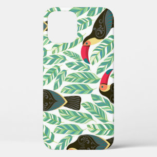 Funda Para iPhone 12 Toucans, hojas tropicales, patrón decorativo.