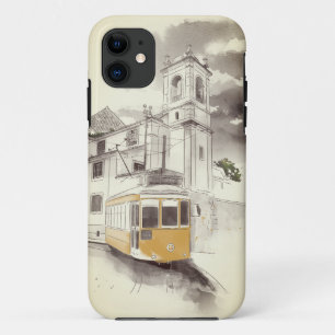 Funda Para iPhone 11 Tranvía amarilla en el paisaje de color blanco y n