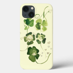 FUNDA PARA iPhone 13 TRÉBOL VERDE AFORTUNADO DAMA CON MONOGRAMA DE CORA