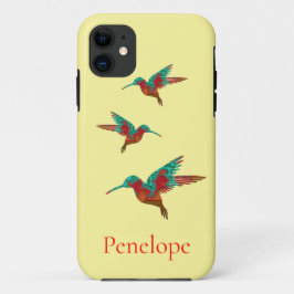 Funda Para iPhone 11 Tres colibríes Verde azulados y rojos fractales co