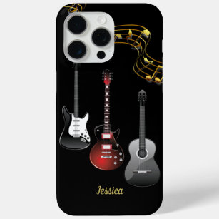 Funda Para iPhone 15 Pro Max Tres guitarras y notas de la música, nombre