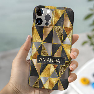 Funda Para iPhone 15 Triángulos geométricos de oro negro plateado elega