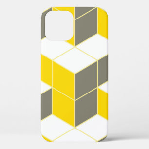 Funda Para iPhone 12 Tridente cúbico isométrico de color gris y amarill