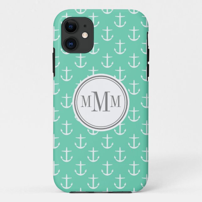 Funda De Case-Mate Para iPhone Trío Monograma Mint Patrón de anclaje blanco (Reverso)