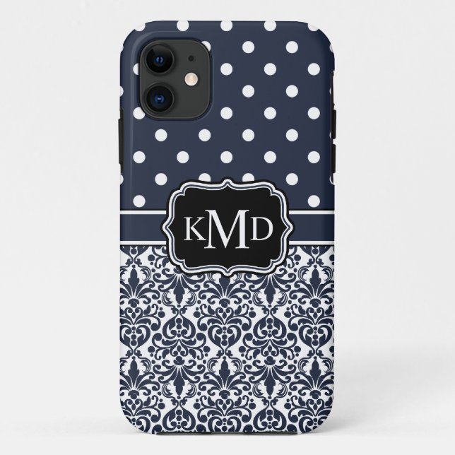 Funda De Case-Mate Para iPhone Trio Monogramed Navy Damask (Reverso)