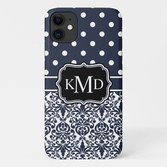 Funda De Case-Mate Para iPhone Trio Monogramed Navy Damask (Reverso)