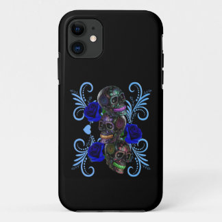 Funda Para iPhone 11 Triple Día Negro De Los Cránulos Muertos Rosas Azu
