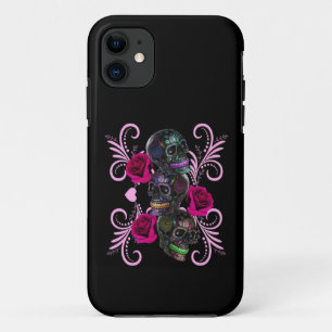 Funda Para iPhone 11 Triple Día Negro De Los Cránulos Muertos Rosas Ros