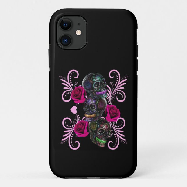 Funda De Case-Mate Para iPhone Triple Día Negro De Los Cránulos Muertos Rosas Ros (Reverso)