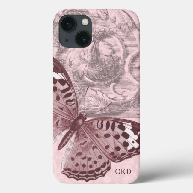 Funda De Case-Mate Para iPhone Triple monograma Arte de mariposa barroca rosada (Reverso)