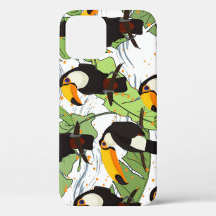Funda Para iPhone 12 Tropical Toucan, palmas verdes, patrón vintage.