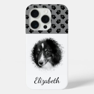 Funda Para iPhone 15 Pro Tu foto de mascota y patas negras sobre gris y nom