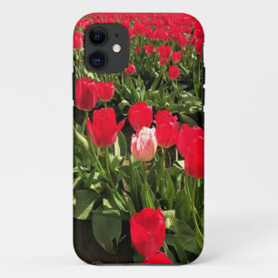 Funda Para iPhone 11 Tulipán blanco y rosado en una cancha de tulipán r