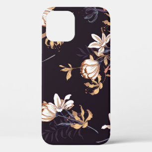 Funda Para iPhone 12 Tulipanes de época, fondo morado oscuro