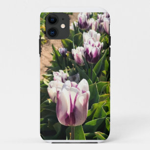 Funda Para iPhone 11 Tulipanes de franja blanca y púrpura