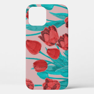 Funda Para iPhone 12 Tulipanes de primavera, patrón floral dibujado a m