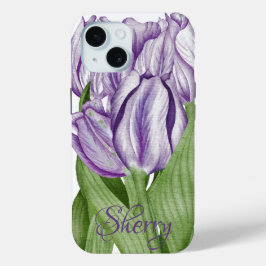 Funda Para iPhone 15 Tulipanes morados a tiempo de primavera