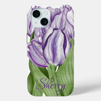 Funda Para iPhone 15 Tulipanes morados a tiempo de primavera