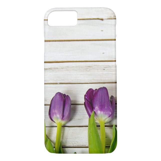 Funda De Case-Mate Para iPhone tulipanes púrpuras en madera (Reverso)