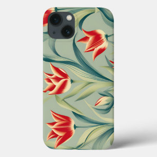 Funda Para iPhone 13 Tulipanes rojos de flor verde sabio