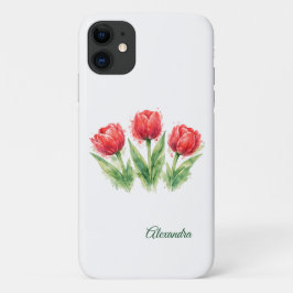 Funda Para iPhone 11 Tulipanes rojos personalizados de acuarela