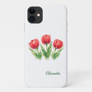 Funda Para iPhone 11 Tulipanes rojos personalizados de acuarela
