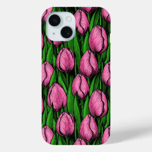 Funda Para iPhone 15 Tulipanes rosados con hojas verdes