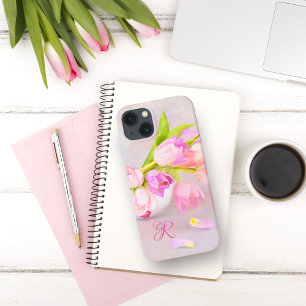 Funda Para iPhone 13 Tulipanes rosas y blancos en tazas de té Monograma