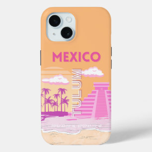 Funda Para iPhone 15 Tulum, Viajes, Arte Retro, Rosa, Naranja